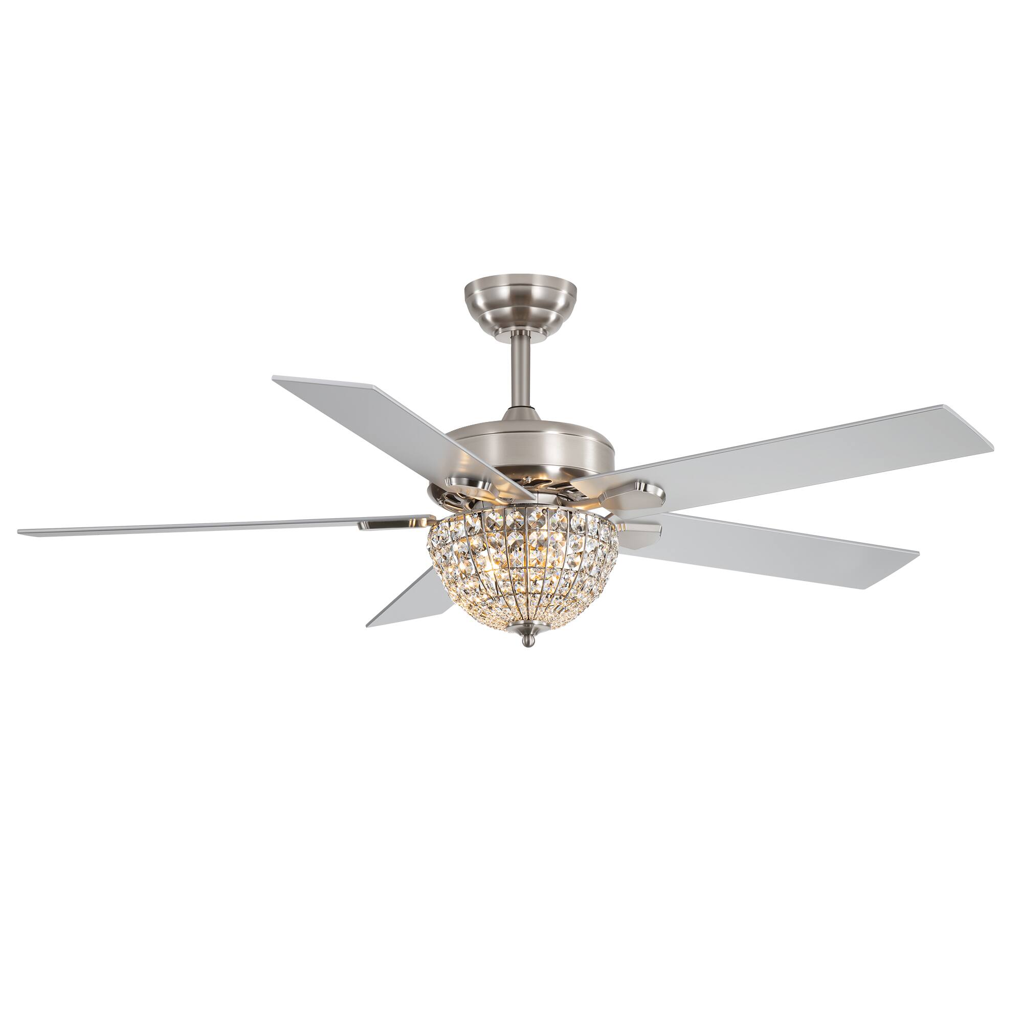 Angle. Breezary - 52'' Indoor Ceiling Fan with Crystal-Bead Bowl Light, 5 Reversible Blades, Timer, DC Motor, Remote & 6″ Downrod - Satin Nickel.
