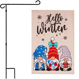 G128 - Combo Pack: Garden Flag Stand 36 x 16 in & Hello Winter Three Cozy Gnomes 12 x 18 in Double-Sided Burlap Flag - Assorted Colors
