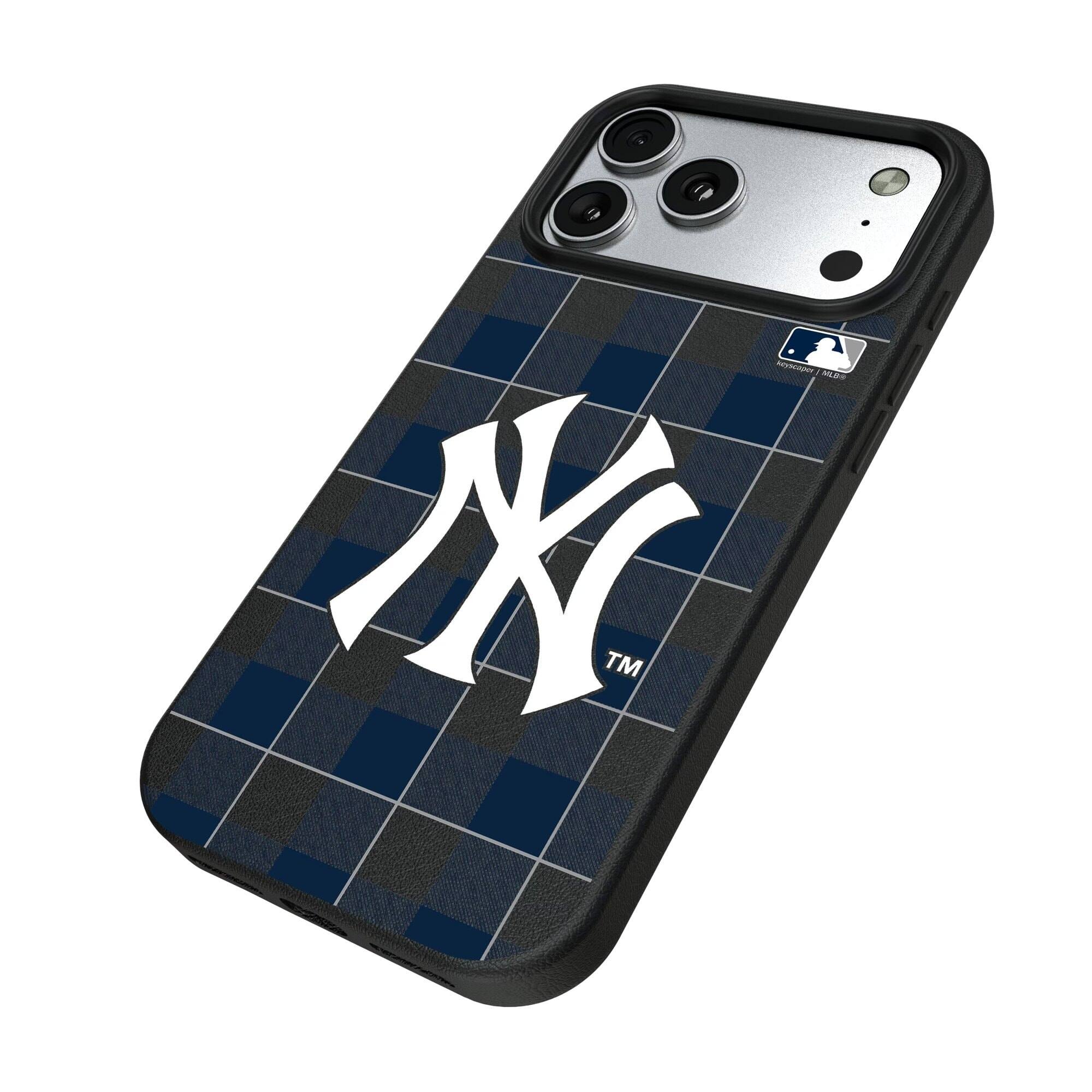 Alt View 1. Keyscaper - New York Yankees Plaid Magnetic Bump iPhone Case - 16 Plus - Black.