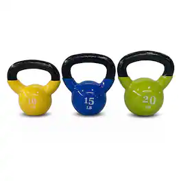 Fitvids - Vinyl-Coated Kettlebell Weights, Set of 10, 15, and 20 lb, Multicolor - Yellow, Blue, and Lemon