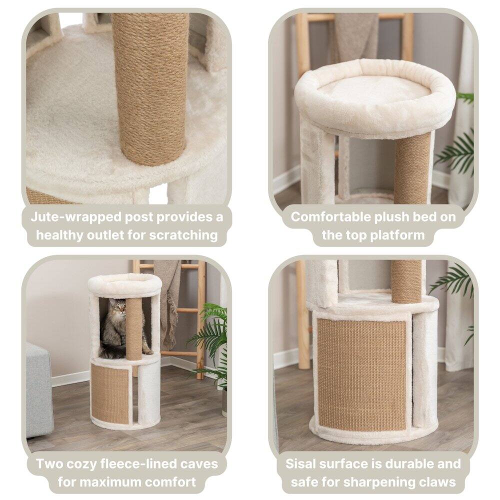 Jute-wrapped post provides a healthy outlet for scratching  
Comfortable plush bed on the top platform  
Two cozy fleece-lined caves for maximum comfort  
Sisal surface is durable and safe for sharpening claws