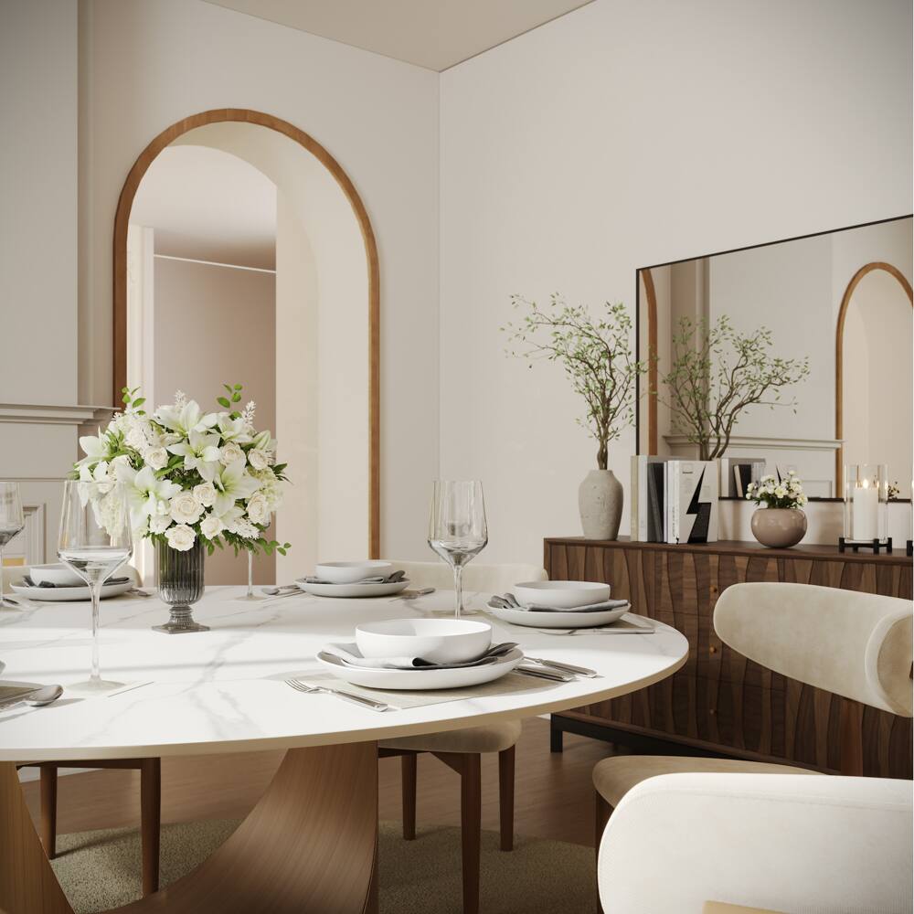 Back. POVISON - 59" White Round Matte Sintered Stone Dining Table with Bronze U-shaped Steel Base - White Matte Sintered Stone with Bronze Steel Base.