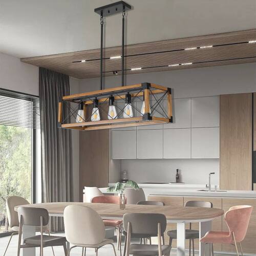 Left. LUCKY ONE - 32in Hanging Farmhouse Chandelier, 5-Light Walnut Metal Industrial Pendant for Dining Room Kitchen - Walnut.