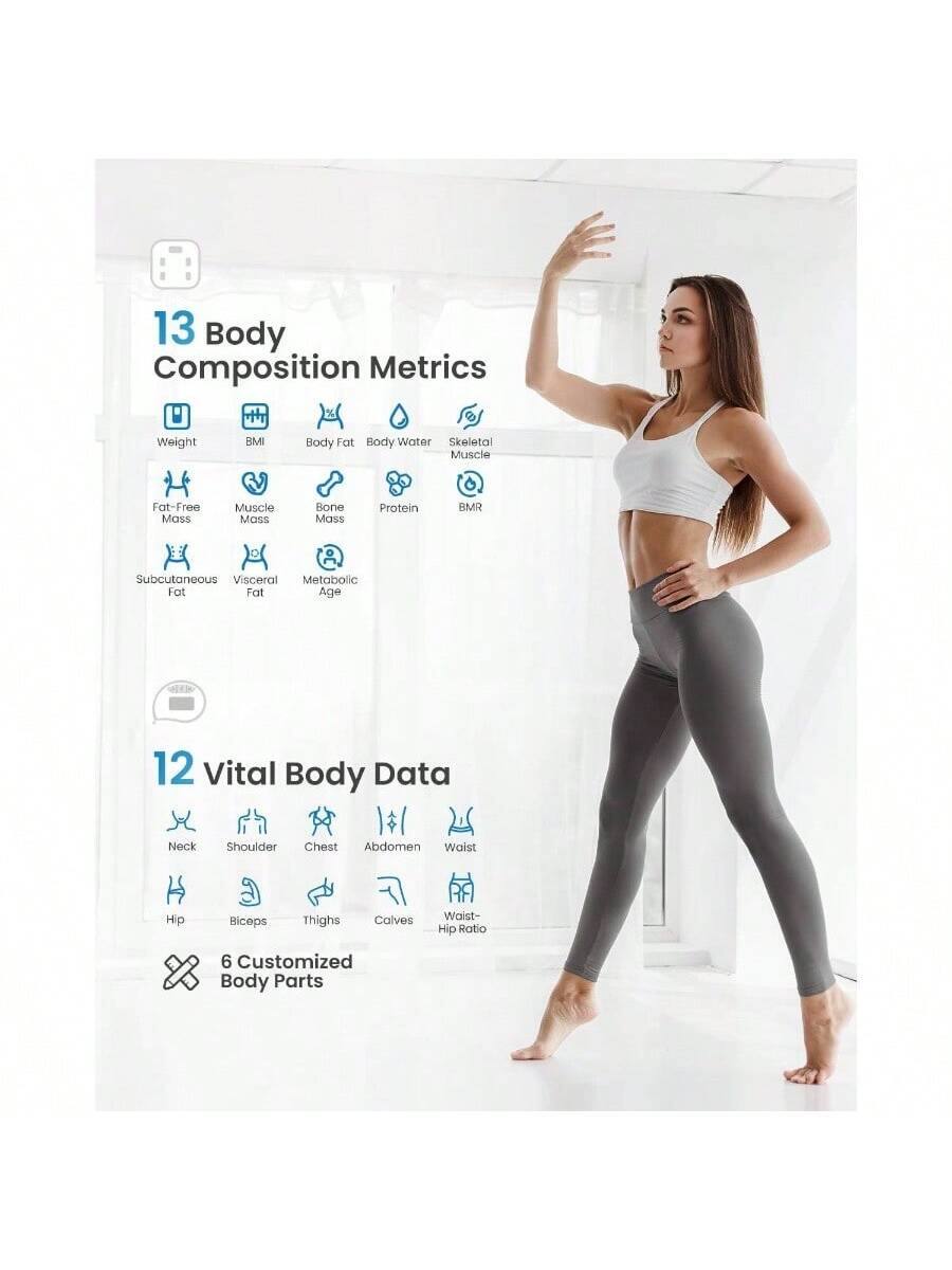 13 Body Composition Metrics  
- Weight  
- BMI  
- Body Fat  
- Body Water  
- Skeletal Muscle  
- Fat-Free Mass  
- Muscle Mass  
- Bone Mass  
- Protein  
- BMR  
- Subcutaneous Fat  
- Visceral Fat  
- Metabolic Age  

12 Vital Body Data  
- Neck  
- Shoulder  
- Chest  
- Abdomen  
- Waist  
- Hip  
- Biceps  
- Thighs  
- Calves  
- Waist-Hip Ratio  

6 Customized Body Parts