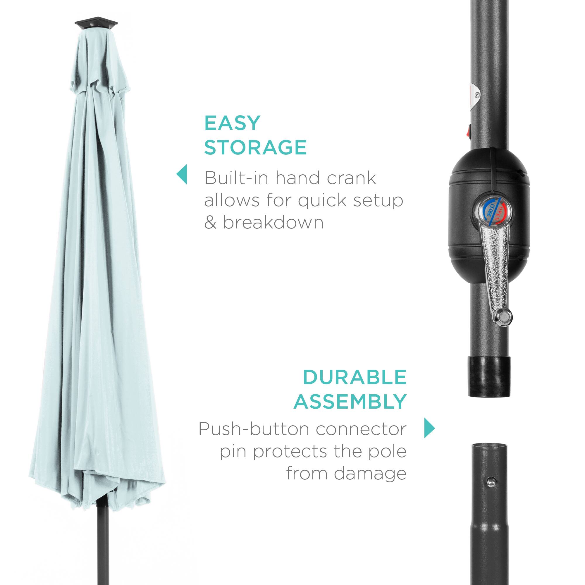 EASY STORAGE: Built-in hand crank allows for quick setup & breakdown.  
DURABLE ASSEMBLY: Push-button connector pin protects the pole from damage.