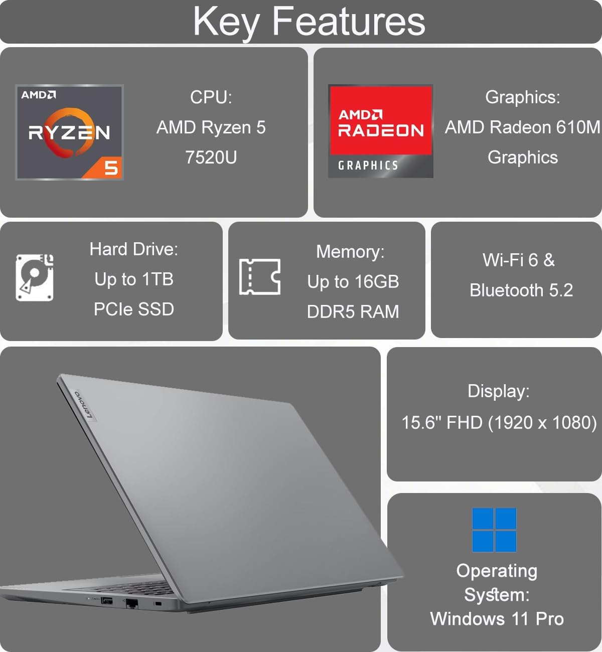 Key Features

CPU:  
AMD Ryzen 5 7520U

Graphics:  
AMD Radeon 610M Graphics

Hard Drive:  
Up to 1TB PCIe SSD

Memory:  
Up to 16GB DDR5 RAM

Wi-Fi 6 & Bluetooth 5.2

Display:  
15.6" FHD (1920 x 1080)

Operating System:  
Windows 11 Pro