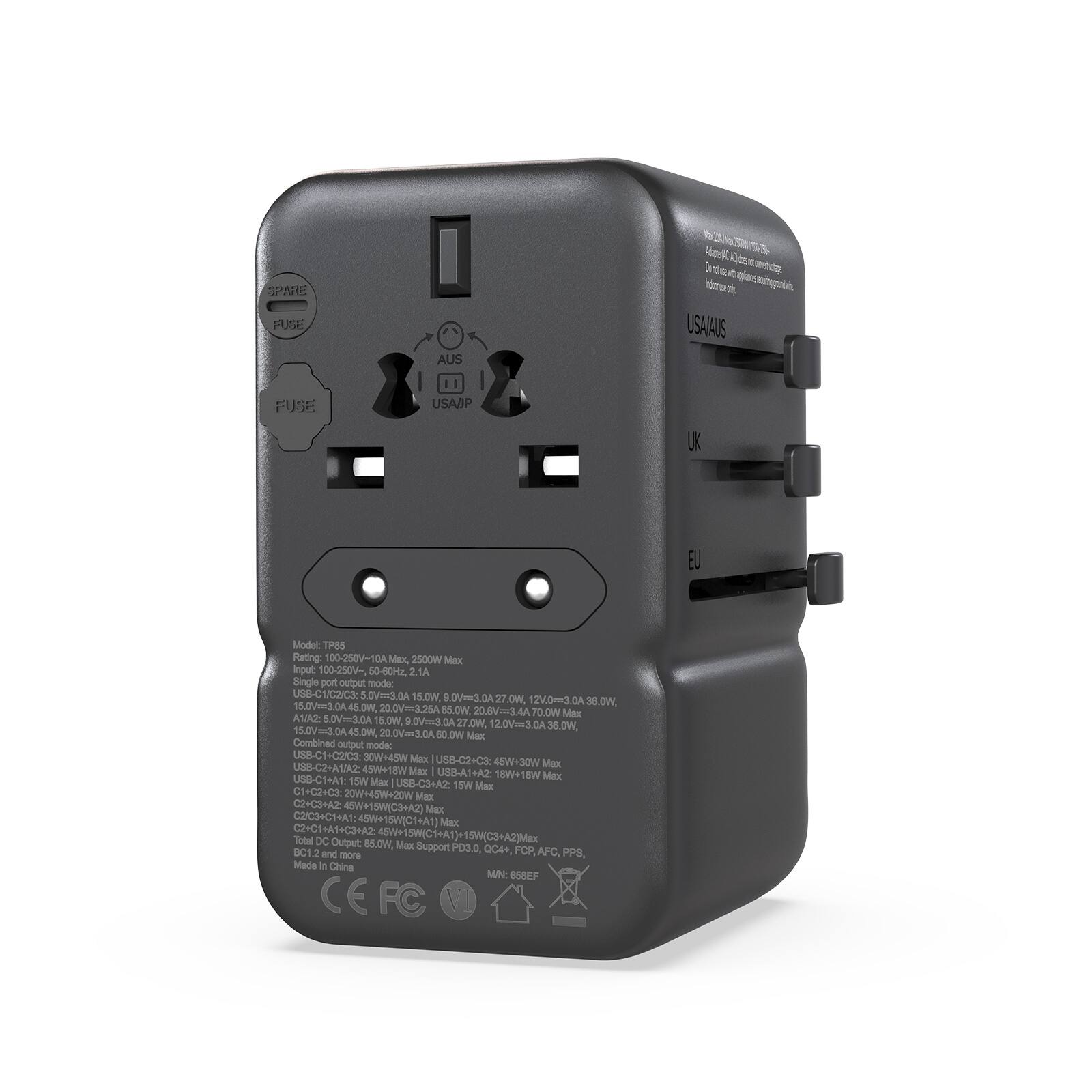 The image features a black device with a USB-C port and a power button. The device is designed to work with a variety of power sources, including USB-C, USB-A, and AC outlets. It is compatible with a range of voltage levels, from 100-250V, and can handle up to 15W of power. The device is made in China and is marked with the CE symbol, indicating compliance with European safety standards.