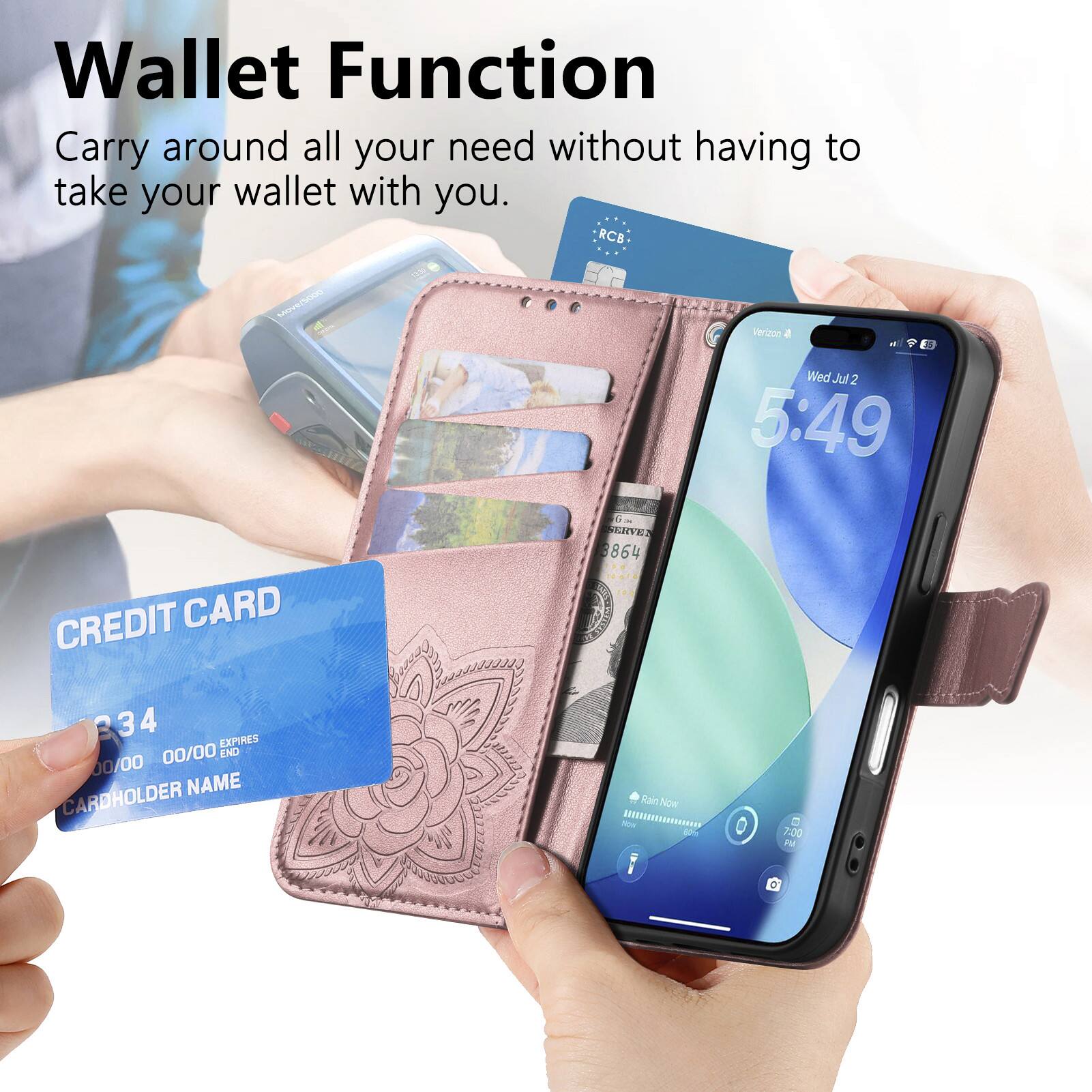 Wallet Function  
Carry around all your need without having to take your wallet with you.  

RCB M/ Verizon  
Wed Jul 2 5:49  

CREDIT CARD  
3864 334 4  
EXPIRES 00/00  
END 00/00  
CARDHOLDER NAME  

RAIN NOW  
7:00 PM