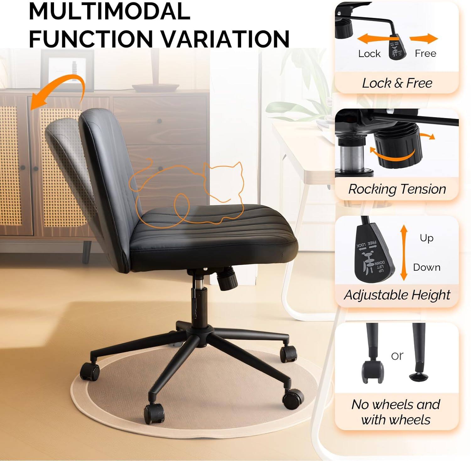 MULTIMODAL FUNCTION VARIATION

- Lock Free
- Lock & Free
- Rocking Tension
- Adjustable Height (Up/Down)
- No wheels and with wheels