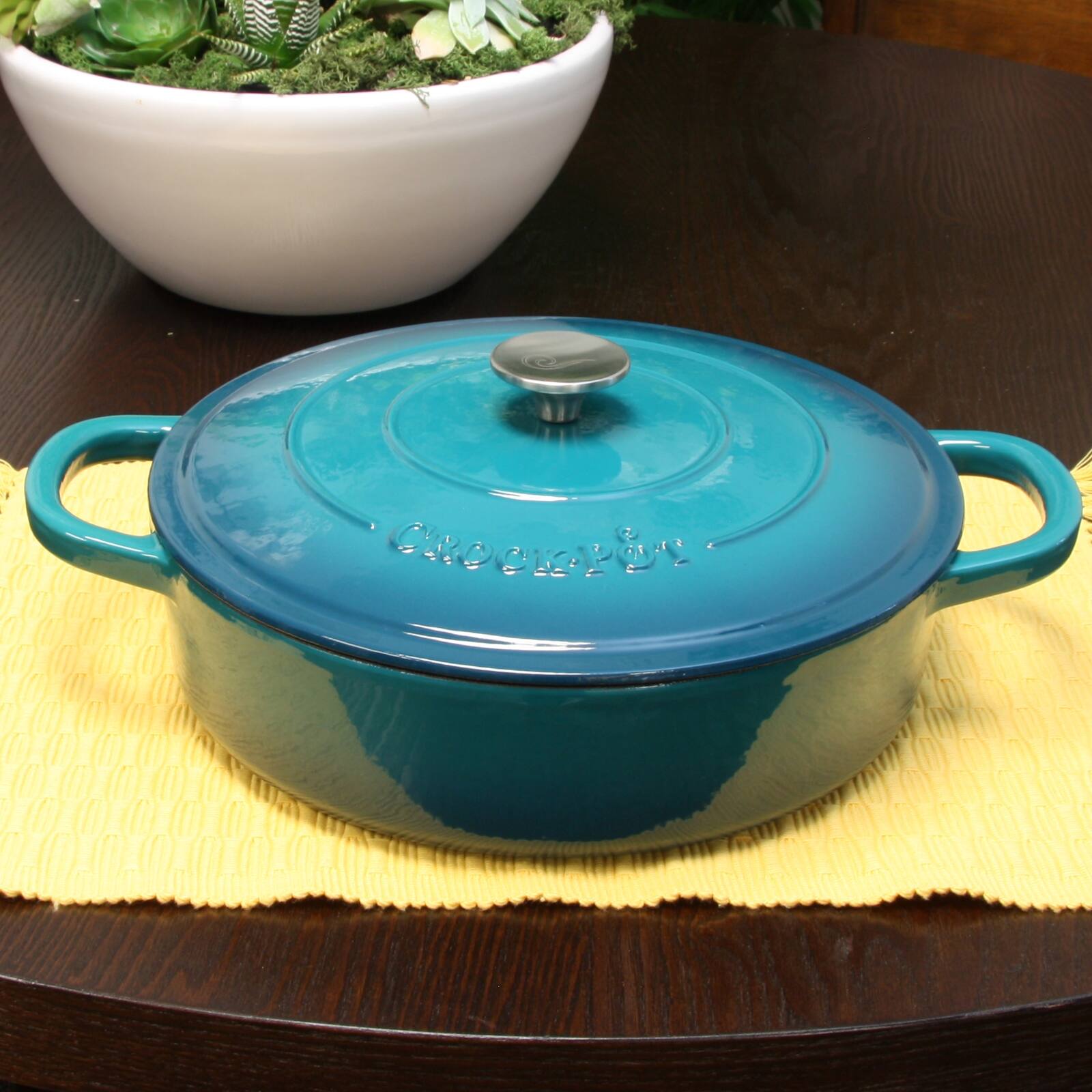 Alt View 1. Crock-Pot - Crock Pot Artisan Enameled Cast Iron 5 Quart Round Braiser Pan with Self Basting Lid in Teal Ombre - Teal Ombre.