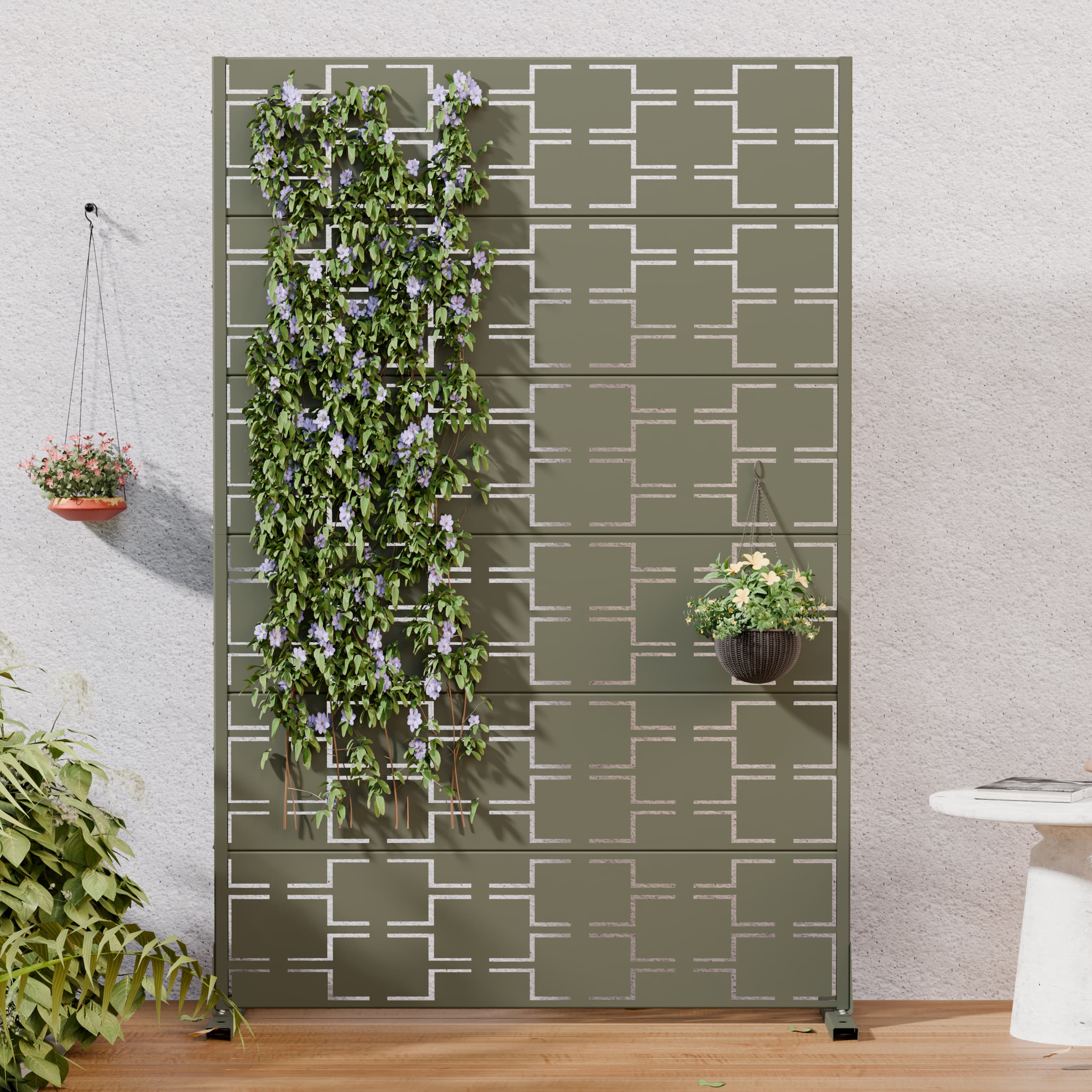 PexFix - 72" x 47" Outdoor Privacy Screen Metal Freestanding Patio Screen with Modern Geometric Cutouts Decorative - Olive Gray