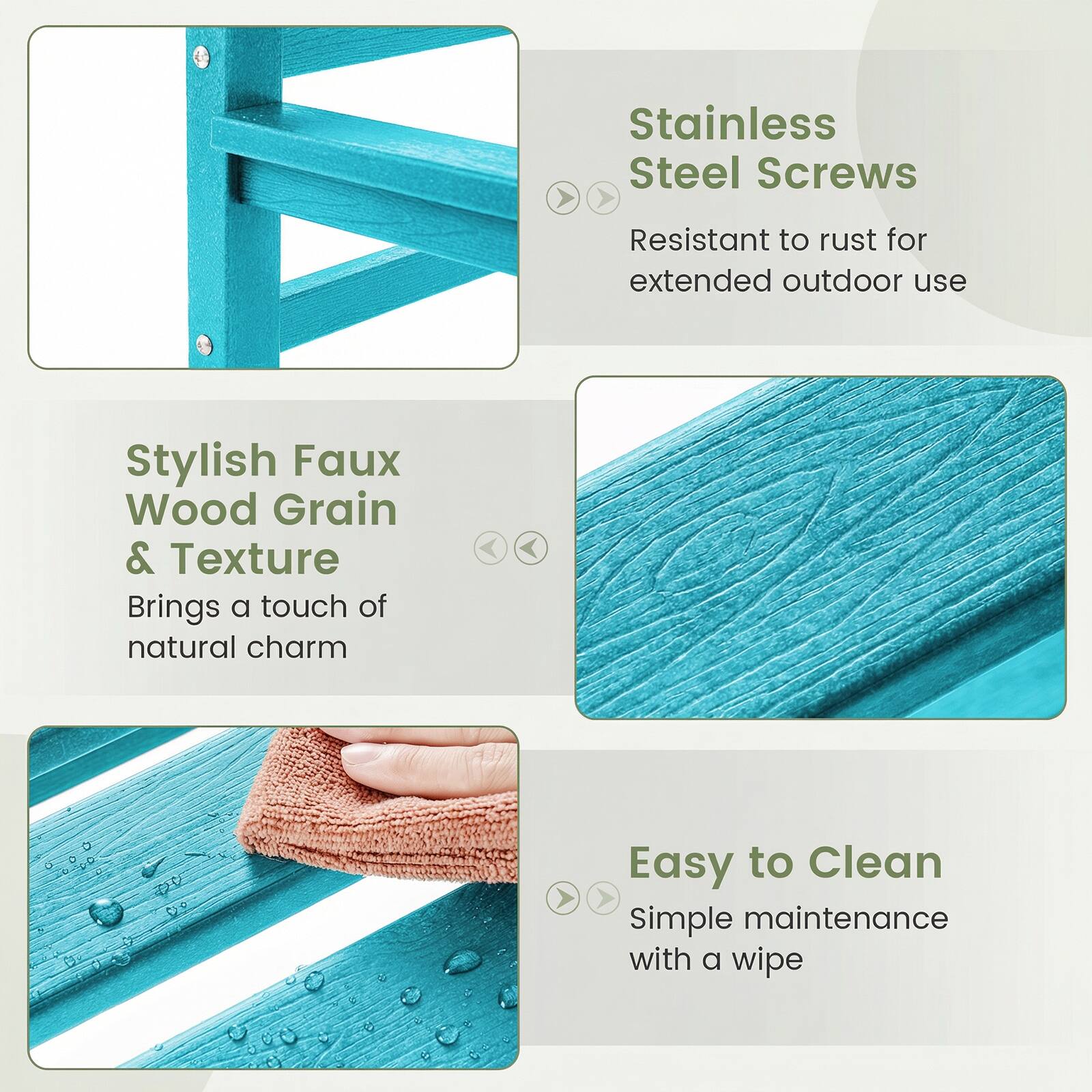 Stainless Steel Screws  
Resistant to rust for extended outdoor use  

Stylish Faux Wood Grain & Texture  
Brings a touch of natural charm  

Easy to Clean  
Simple maintenance with a wipe