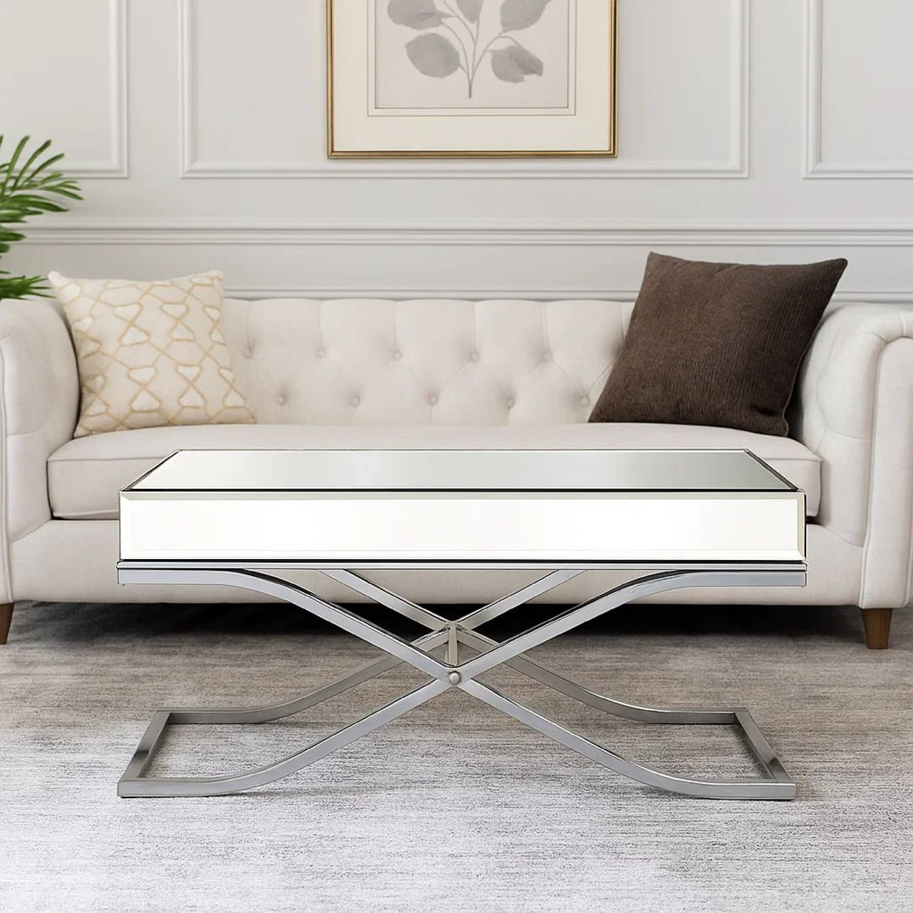 Alt View 7. Manhattan Lane - Gavin 48 Inch Coffee Table, Mirrored Panels, Curved Crossed Frame, Chrome - Silver.