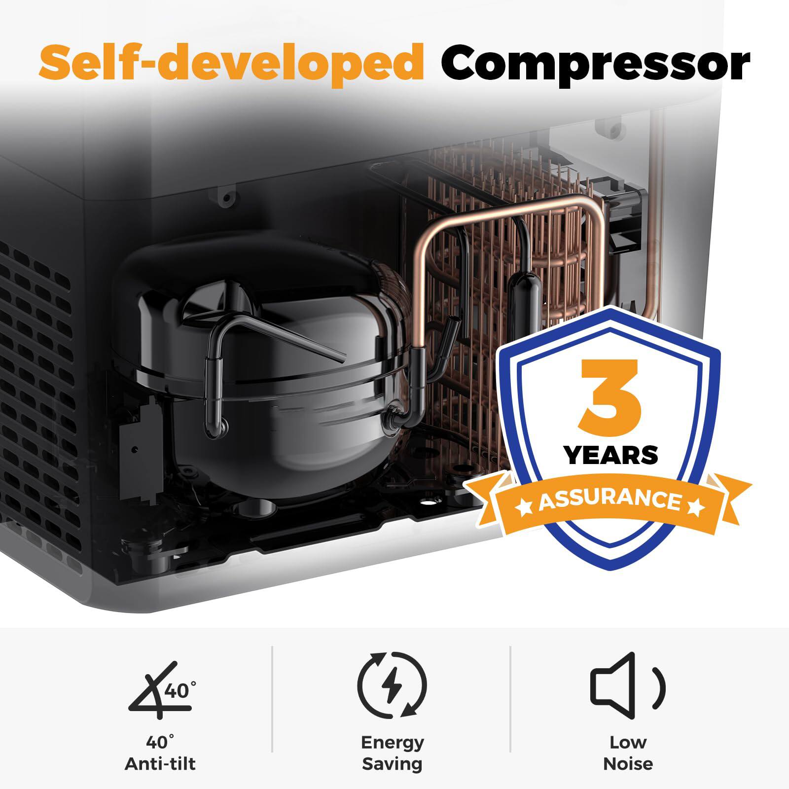 Self-developed Compressor

3 YEARS ASSURANCE

40° Anti-tilt

Energy Saving

Low Noise