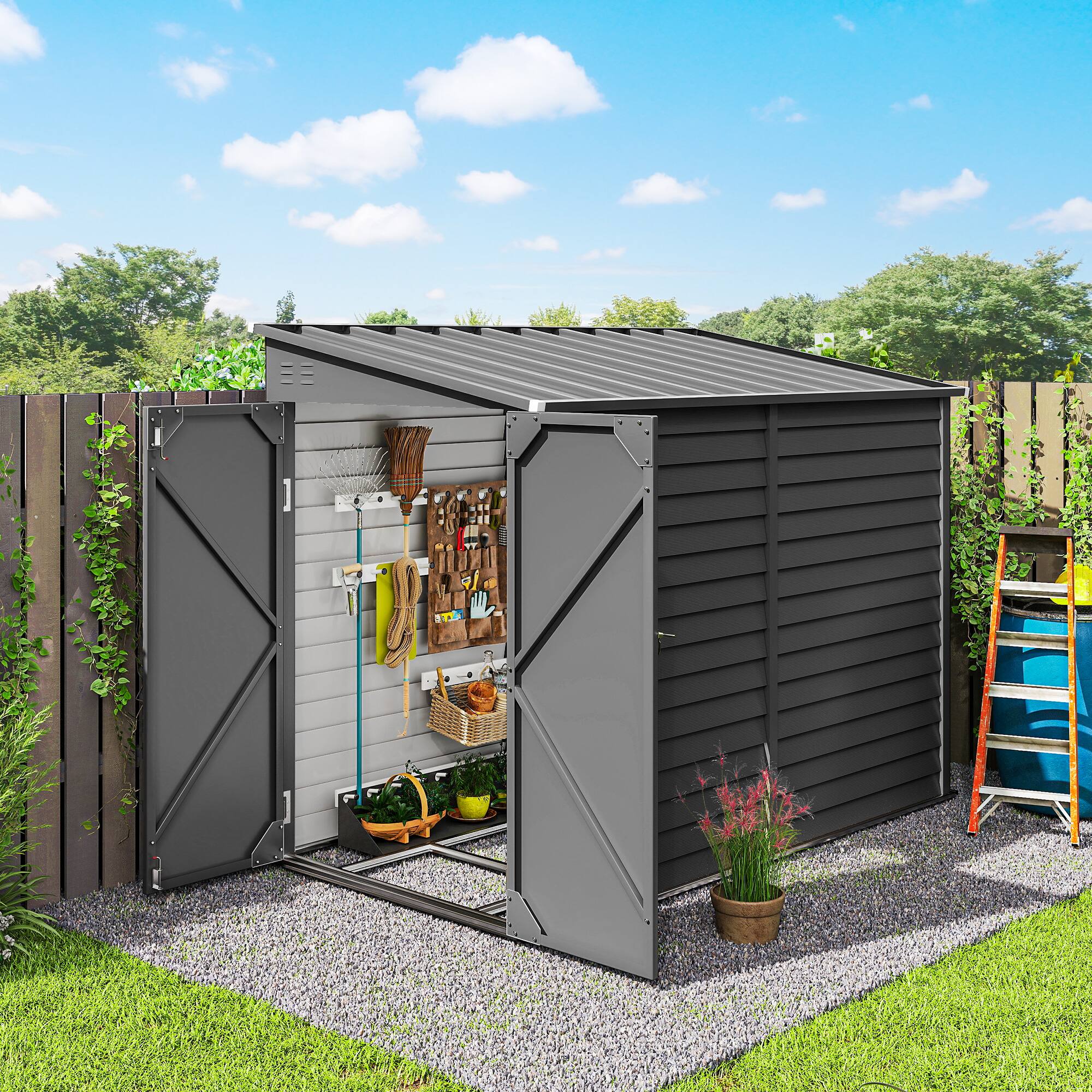 Alt View 1. Outsunny - x 9' Outdoor Storage Shed, Lean to Metal Shed with Foundation Kit, Lockable Doors and Gloves for Patio, Lawn.