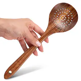 Cheer Collection - Teak Wood Strainer Spoon with Draining Slots, 9.5 Inch - Brown