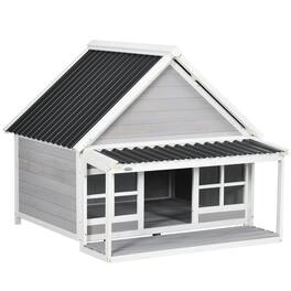Pawhut - Dog House with Porch, Dog House Outdoor with Tilt Roof, Front Door - Light Gray