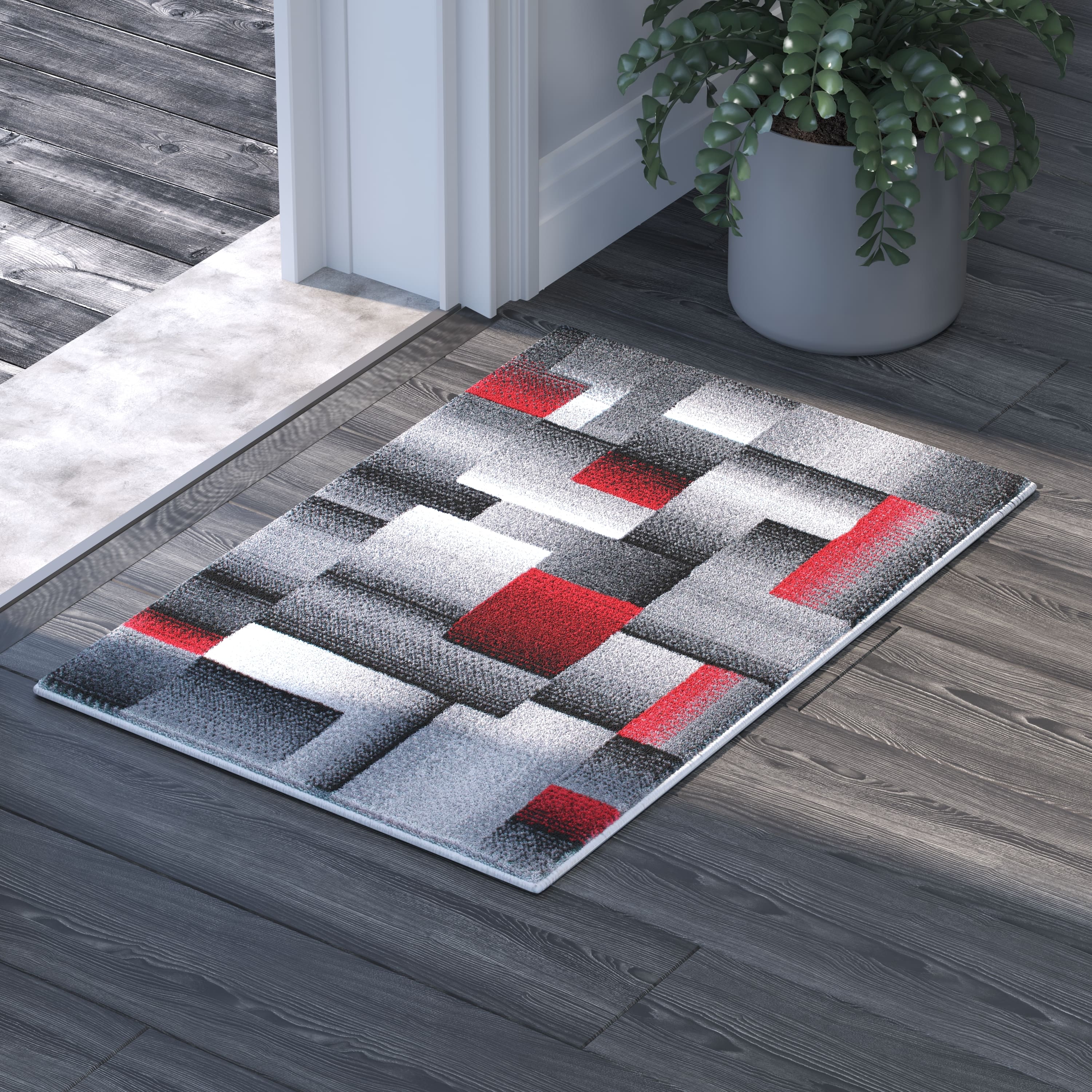 Emma + Oliver - Malaga Modern Cubist Olefin Accent Runner Rug in Gradient Shades with Natural Jute Backing - Red