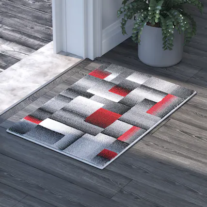 Front. Emma + Oliver - Malaga Modern Cubist Olefin Accent Runner Rug in Gradient Shades with Natural Jute Backing - Red.