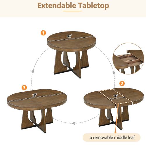 Extendable Tabletop

1. 42"  
2. 58"  
3. 16"  
a removable middle leaf