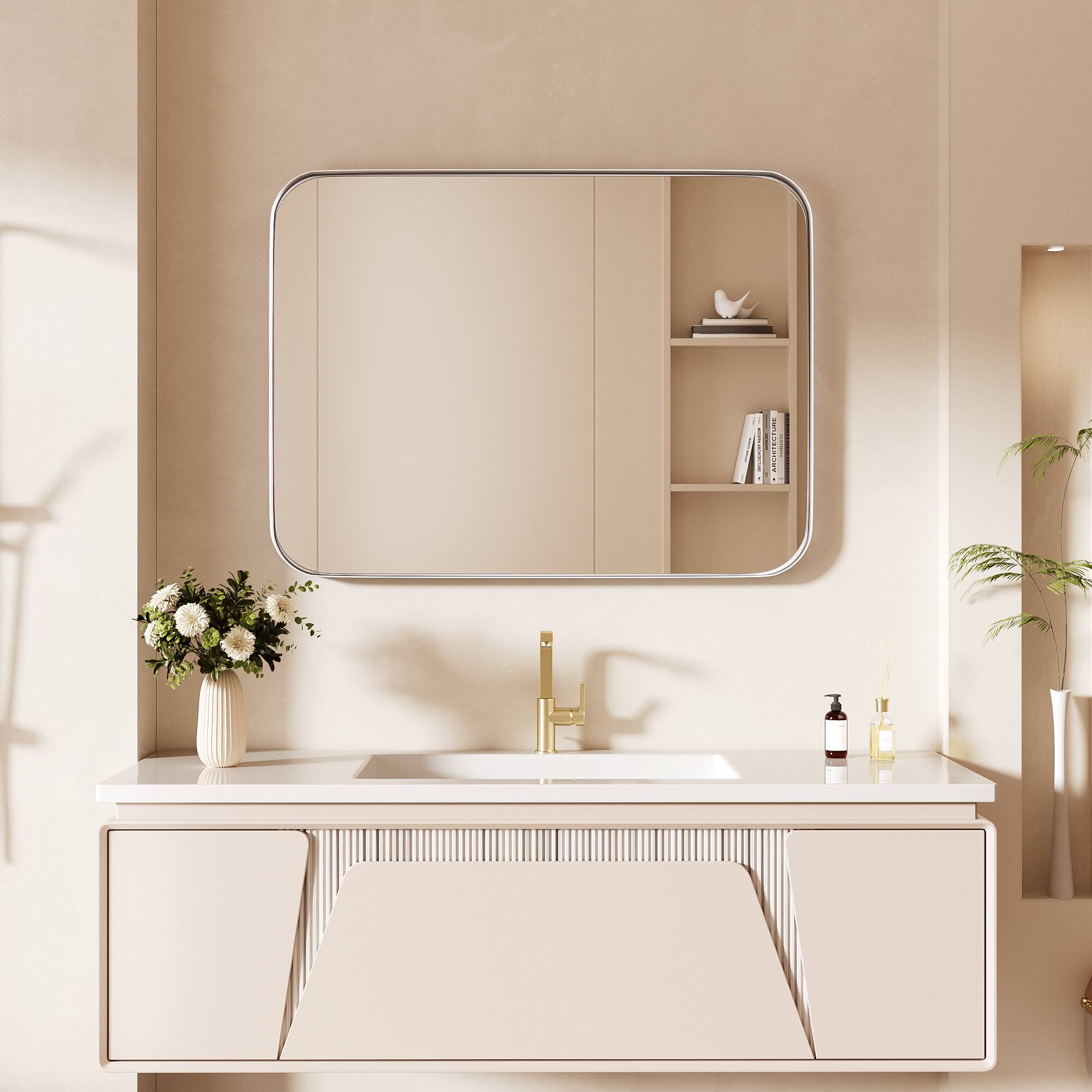 Left. LOVMOR - Tempered Glass Rounded Rectangle Framed Wall-Mounted Bathroom Vanity Mirror - 24" x 32" - Silver.