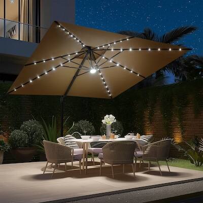 Crestlive Products - 11ft Square Aluminum Slide-tilt Cantilever Patio Umbrella with Light with 350lbs Base - Brown
