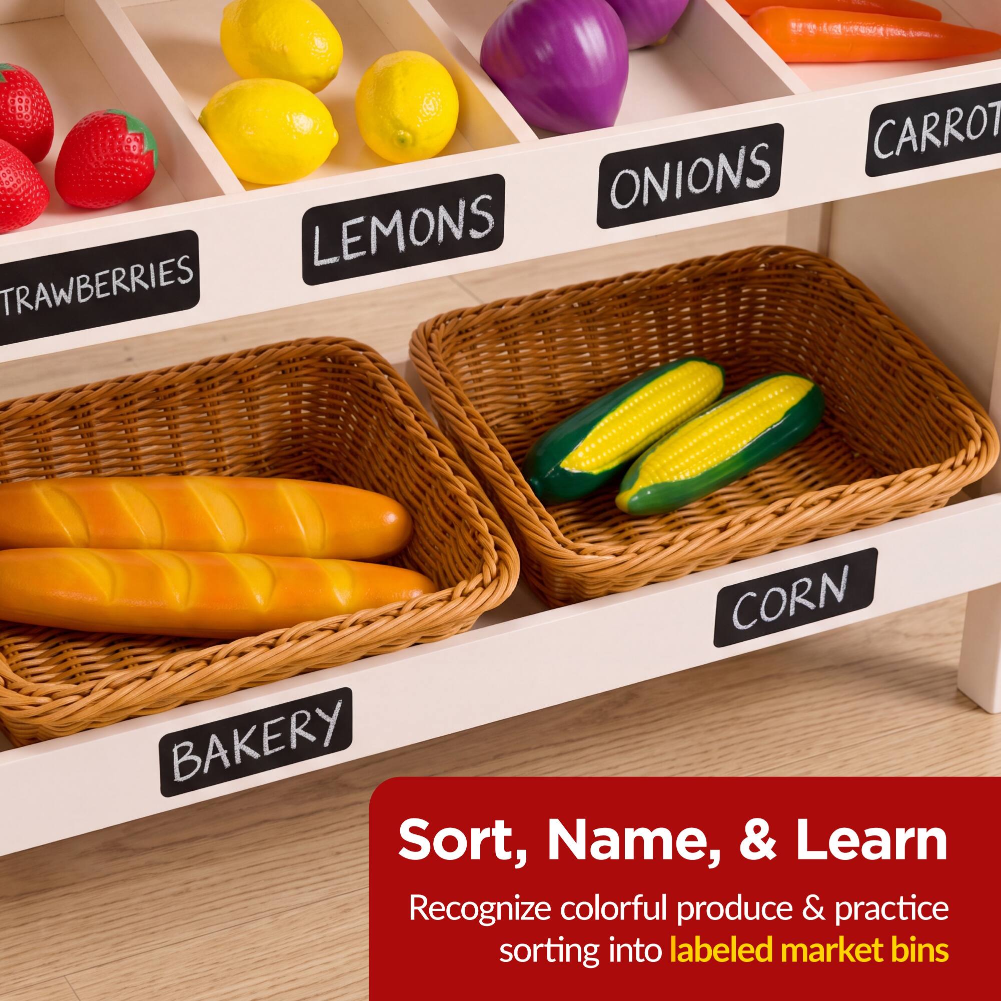 CARROT ONIONS LEMONS STRAWBERRIES CORN BAKERY

Sort, Name, & Learn
Recognize colorful produce & practice sorting into labeled market bins