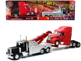 Peterbilt 379 Tow Truck Black with Peterbilt 387 Truck Tractor Red Set of 2 pieces 1/32 Diecast Model by New Ray - Black, Red