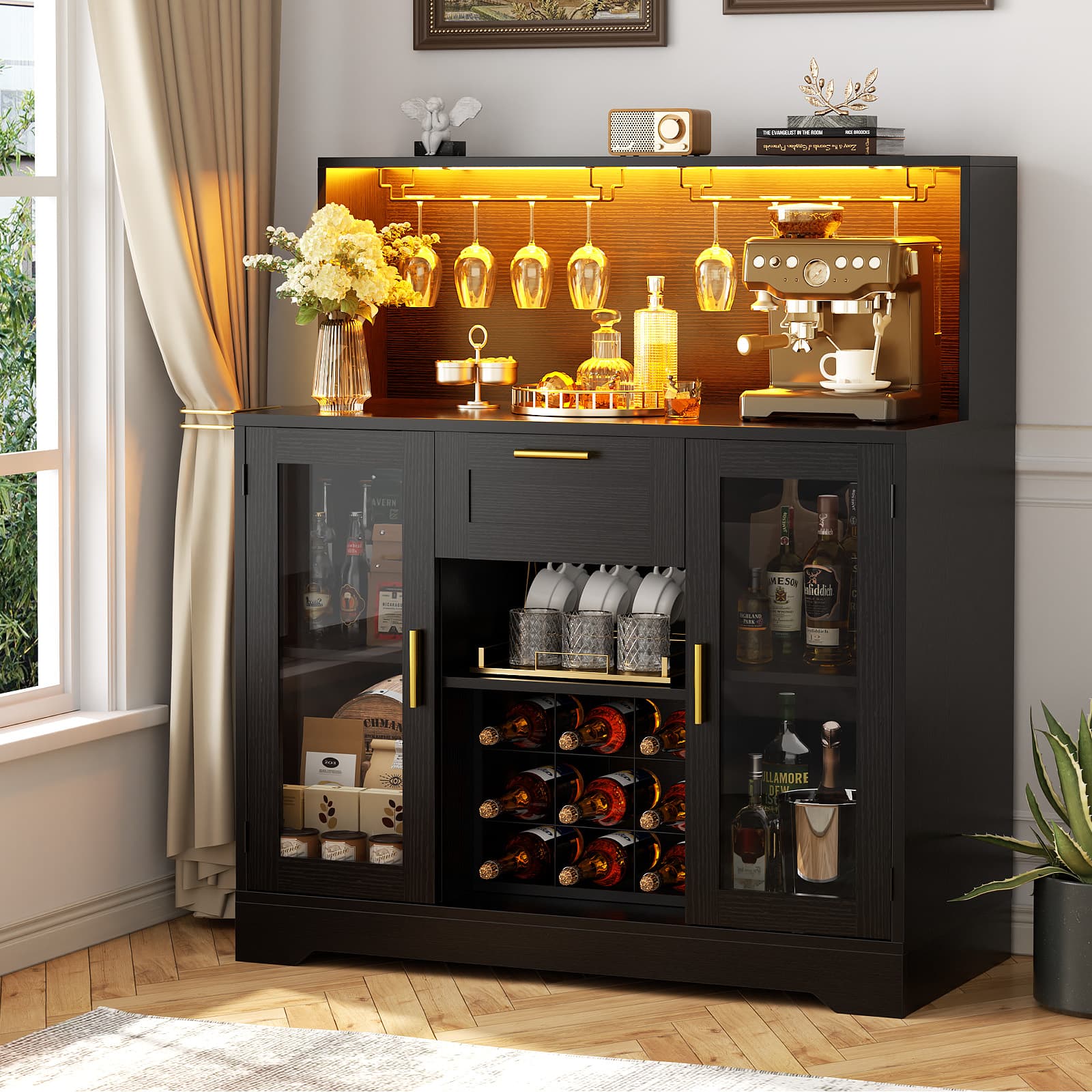 Aheaplus - Wine Bar Cabinet with LED Lights and Outlets, Liquor Bar Cabinet with Drawer, Grid Wine Rack, and Glass Holder - Black