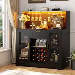 Aheaplus - Wine Bar Cabinet with LED Lights and Outlets, Liquor Bar Cabinet with Drawer, Grid Wine Rack, and Glass Holder - Black