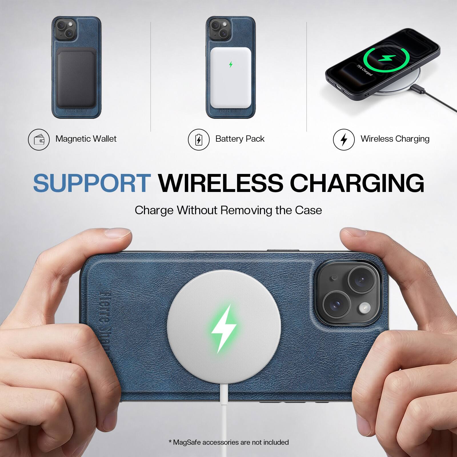 15% Changed

Magnetic Wallet
Battery Pack
Wireless Charging

SUPPORT WIRELESS CHARGING
Charge Without Removing the Case

*MagSafe accessories are not included