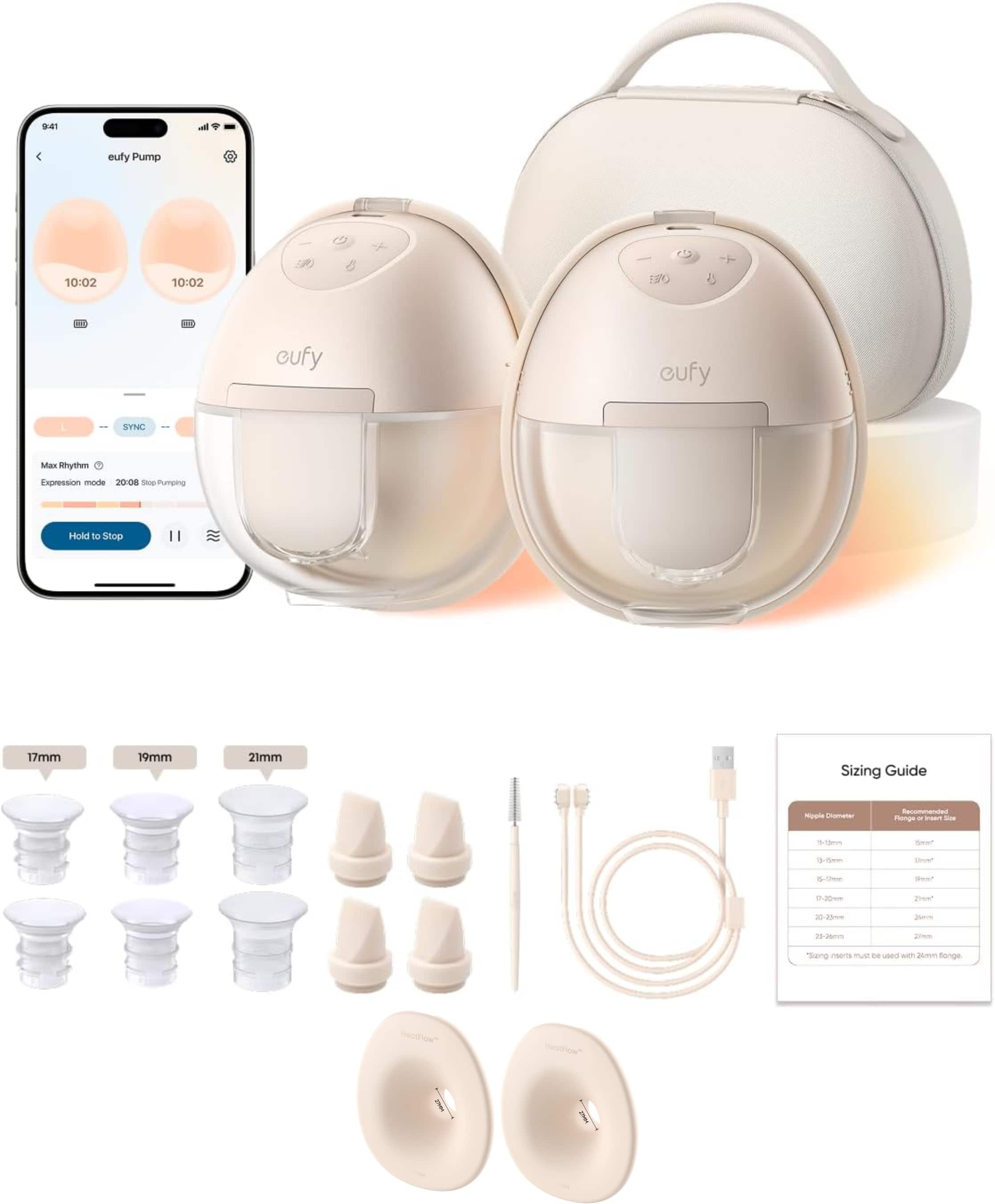 eufy - Heated Wearable Breast Pump S1 Pro With Original 24mm Flange (2-Pack), Hands‑Free Breast Pump in‑Bra Use, HeatFlow™ Tech - Brown