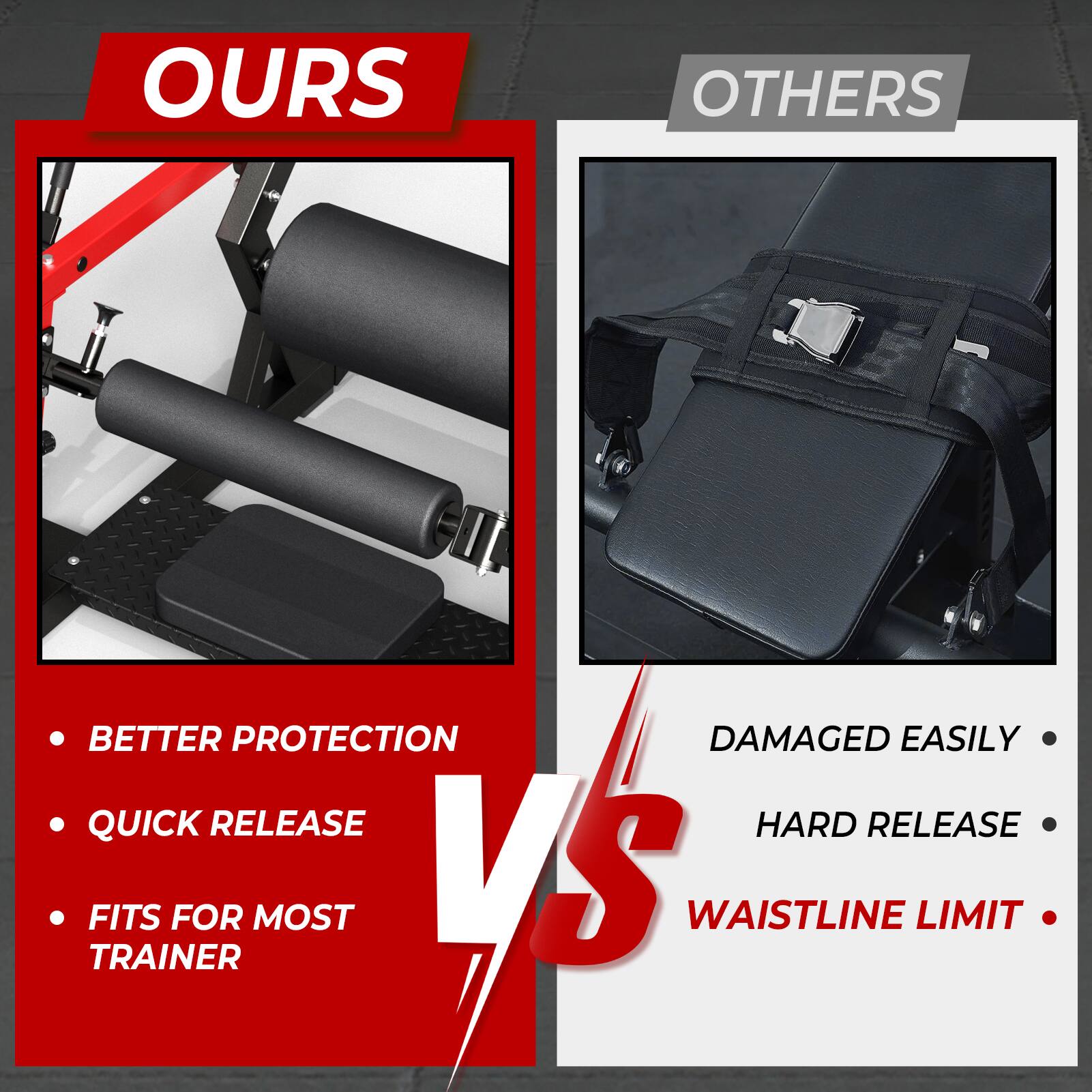 **OURS**

- BETTER PROTECTION
- QUICK RELEASE
- FITS FOR MOST TRAINER

**OTHERS**

- DAMAGED EASILY
- HARD RELEASE
- WAISTLINE LIMIT