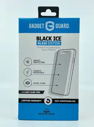 GADGET GUARD. BLACK ICE GLASS EDITION Premium Tempered Glass Screen Protector IMPACT PROTECTION SCRATCH RESISTANCE ULTRA-CLEAR WITH EASY ALIGN TOOL LIFETIME WARRANTY C VISIT GADGETGUARD.COM fits Apple iPhone SE (2020)
