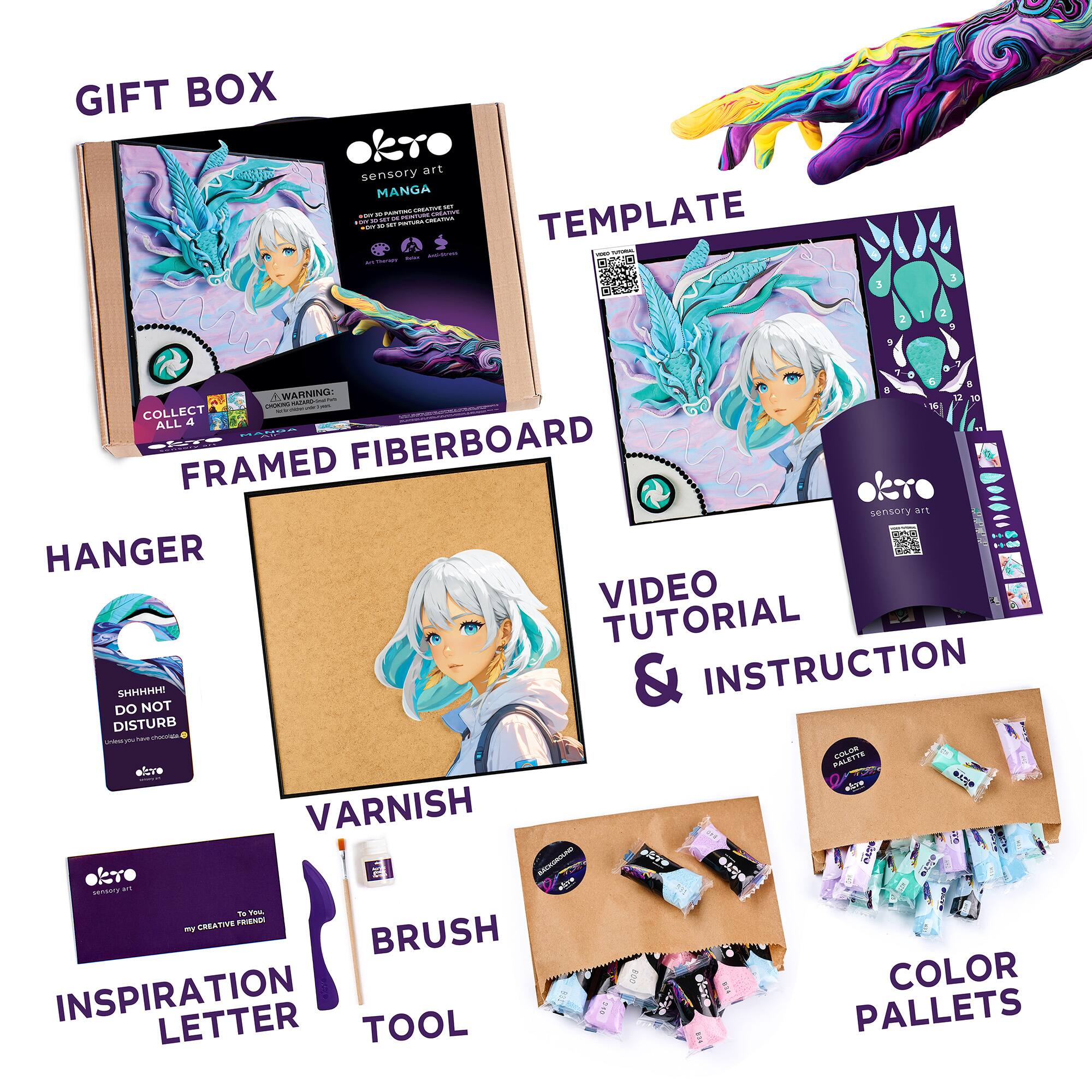 GIFT BOX  
TEMPLATE  
FRAMED FIBERBOARD  
HANGER  
VIDEO TUTORIAL & INSTRUCTION  
VARNISH  
BRUSH  
INSPIRATION LETTER  
COLOR PALETS