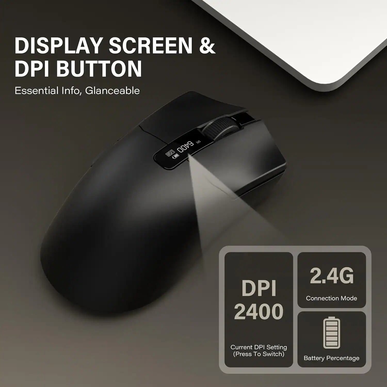 DISPLAY SCREEN & DPI BUTTON  
Essential Info, Glanceable  

DPI 2400  
Current DPI Setting (Press To Switch)  

2.4G  
Connection Mode  

Battery Percentage