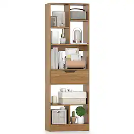 Costway - 1 PCS 61" Bookcase with Drawer, 8 Open Cubes, Anti-toppling Kits for Living Room, Study - Natural