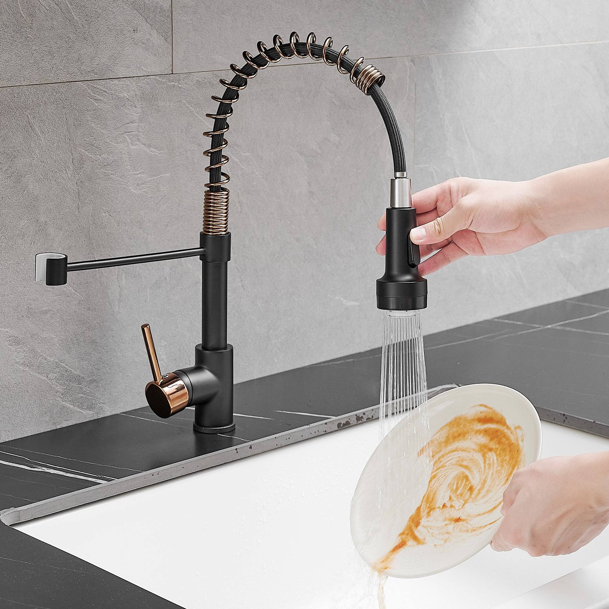 Alt View 10. Boyel Living - Brass Pull Down Sprayer Kitchen Faucet with LED Temperature Sensor Light in Matte Black Rose Gold - Matte Black with Rose Gold.