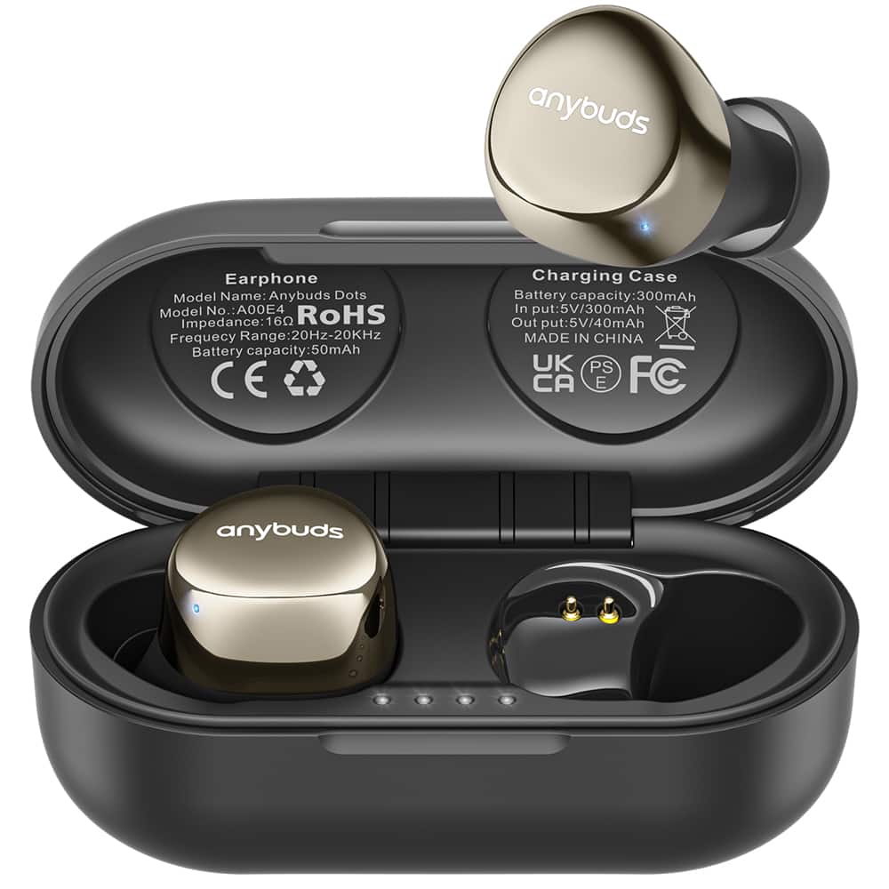 Earphone  
Model Name: Anybuds Dots  
Model No.: A00E4  
RoHS  
Impedance: 16Ω  
Frequency Range: 20Hz-20KHz  
Battery capacity: 50mAh  

Charging Case  
Battery capacity: 300mAh  
Input: 5V/300mAh  
Output: 5V/40mAh  

MADE IN CHINA  
CE  
UK  
CA  
PS  
E  
FC  

anybuds