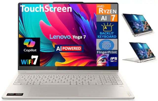 Touch Screen
Lenovo Yoga 7
AI Powered
Copilot
WiFi 7
AMD Ryzen 7
AI
Backlit Keyboard
Fingerprint
IPS Super Clear