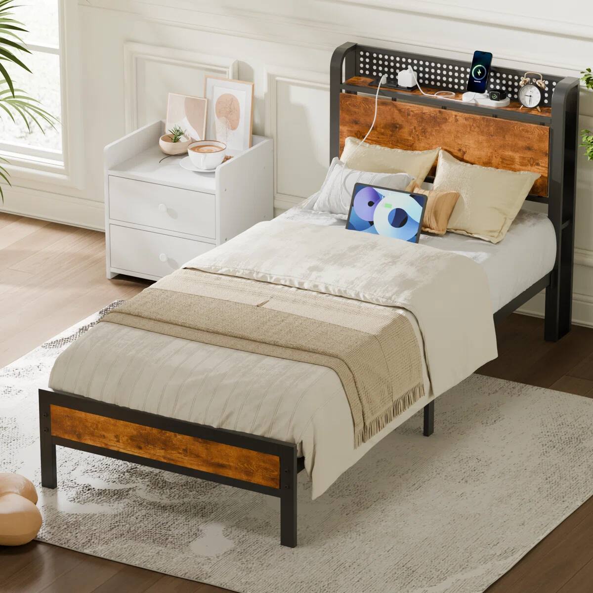 Alt View 1. Furnulem - Furnulem Bed frame with Wood Storage Headboard,Metal Platform Bed with Under Storage - Brown.