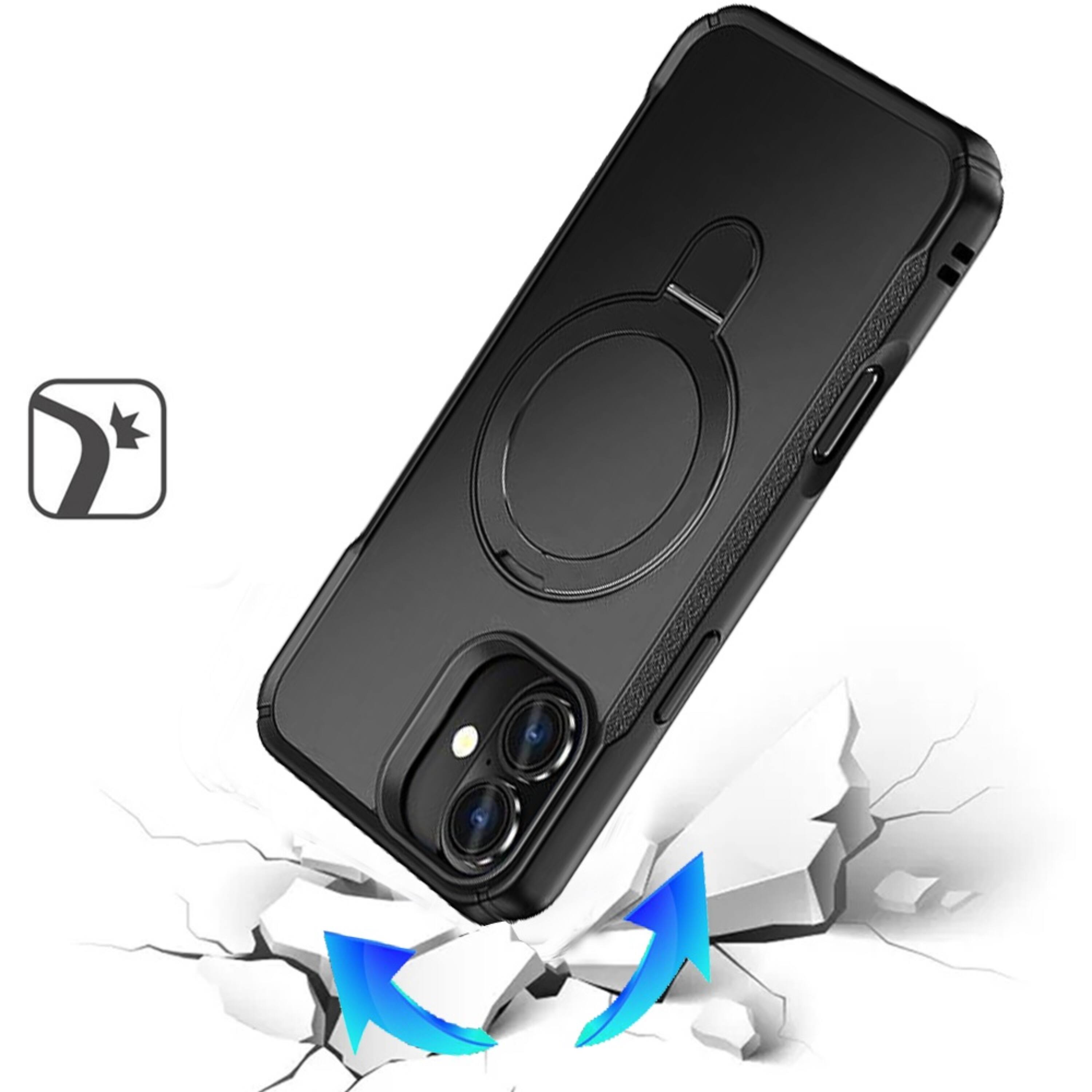 Angle. Kitcheniva - Matte Magnetic Circle Metal Stand Phone Case With Tempered Glass For iPhone 17 Black - Black.