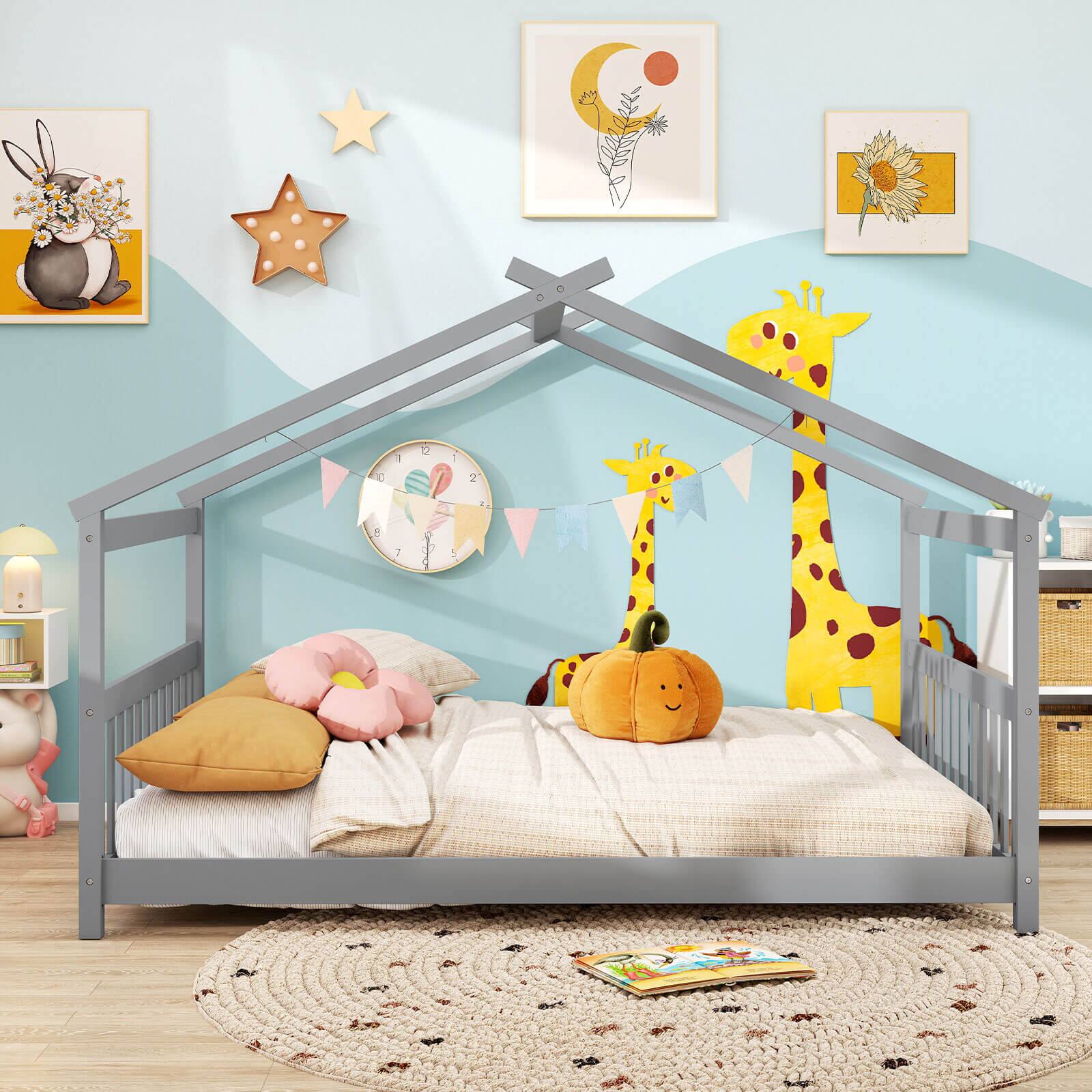 Alt View 4. Costway - Costway Full Size House Bed with Roof Wooden Low Floor Bed No Box Spring Needed - Gray.