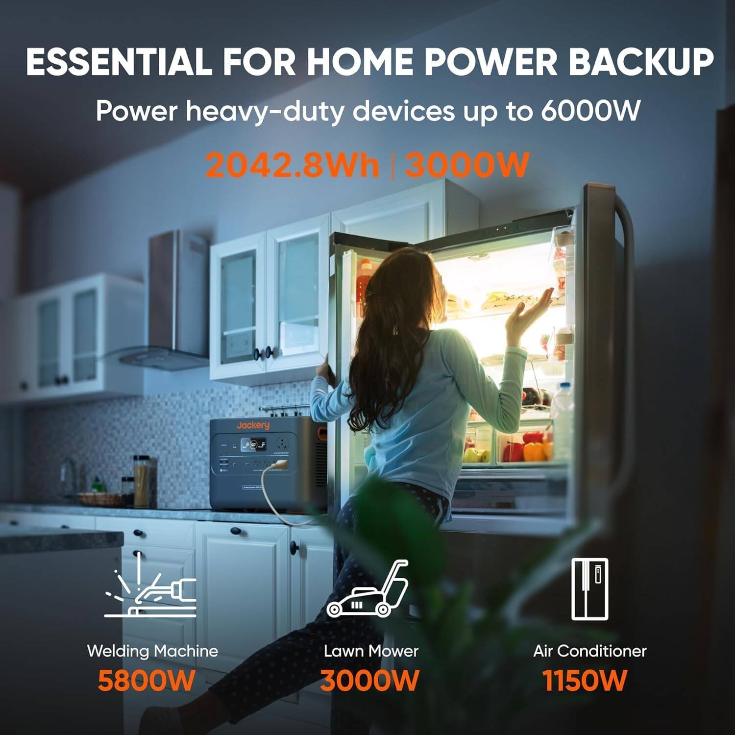 Essential for Home Power Backup: Power heavy-duty devices up to 6000W (2042.8Wh | 3000W) Jackery Welding Machine (5800W), Lawn Mower (3000W), Air Conditioner (1150W).