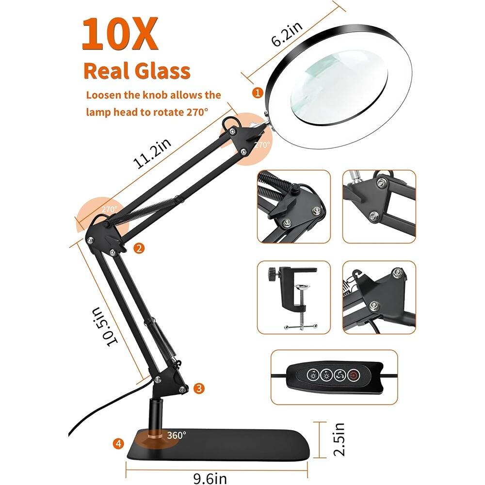 10X Real Glass  
Loosen the knob allows the lamp head to rotate 270°  

1. 6.2in  
2. 11.2in  
3. 10.5in  
4. 9.6in  
5. 2.5in  

270°  
360°
