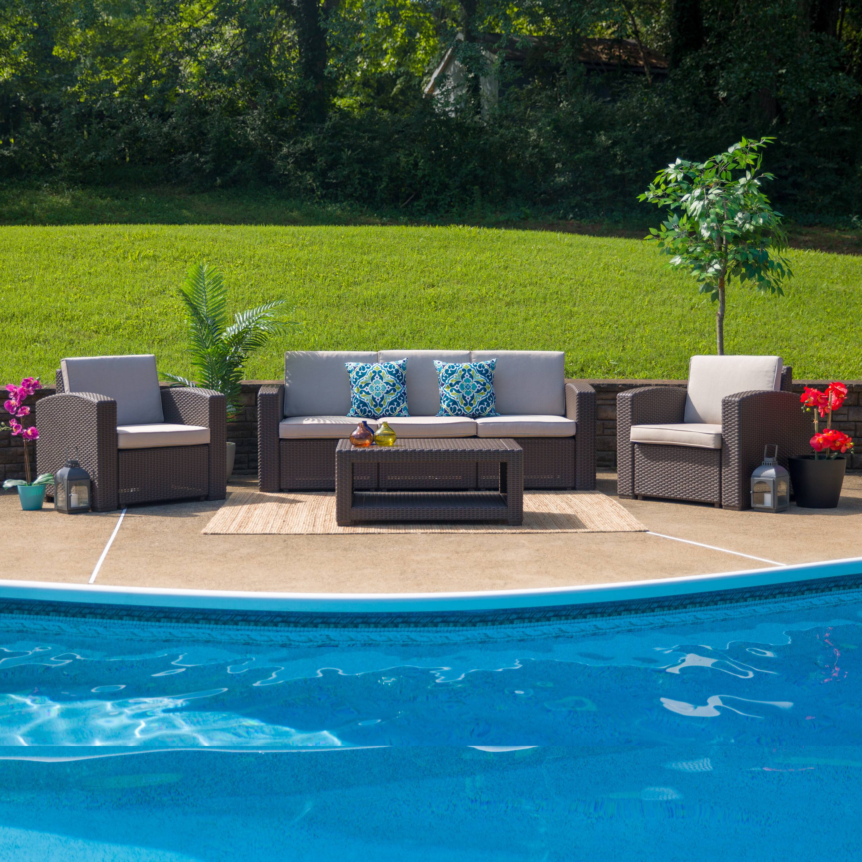 Alt View 1. Emma + Oliver - 4 Piece Outdoor Faux Rattan Chair, Sofa and Table Set - Chocolate Brown.