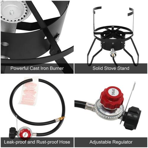 Powerful Cast Iron Burner  
Solid Stove Stand  
Leak-proof and Rust-proof Hose  
Adjustable Regulator