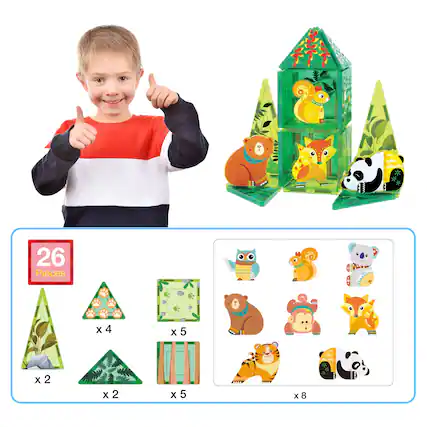 Front. PicassoTiles - PICASSO-TILES Magnetic Tiles for Kids, 26PCS Forest Animals Theme, Construction STEM Building Blocks Educational Toy - Multicolor.