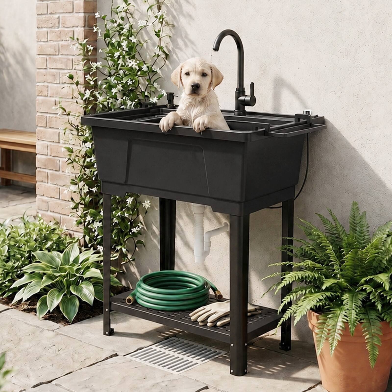 Alt View 4. Winado - Freestanding Utility Sink with Stainless Steel Faucet, Hair Dryer Stand, Soap Dispenser, Towel Holder for Garage Garden - Black.
