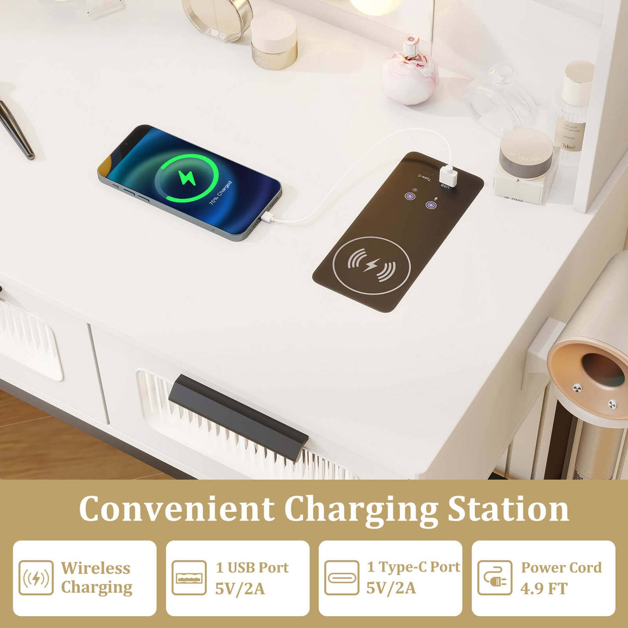 Convenient Charging Station

- Wireless Charging
- 1 USB Port 5V/2A
- 1 Type-C Port 5V/2A
- Power Cord 4.9 FT